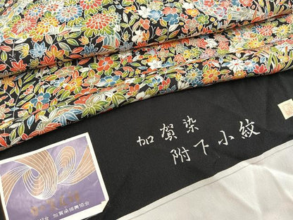 平和屋着物●上質な小紋　加賀友禅　加賀染　流水草花文　黒地　反端付き　正絹　逸品　BAAY9067yc