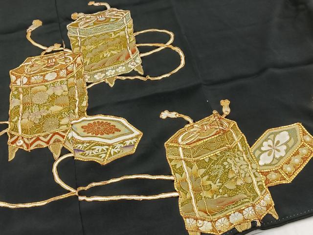 平和屋着物■豪華黒留袖　駒刺繍　貝桶花文　金彩　正絹　逸品　BAAY9091yc