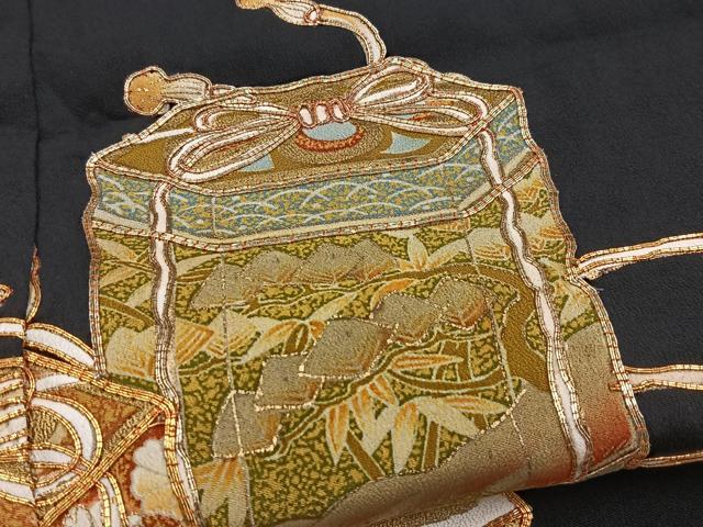 平和屋着物■豪華黒留袖　駒刺繍　貝桶花文　金彩　正絹　逸品　BAAY9091yc