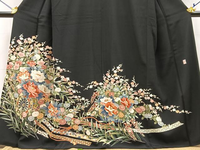 平和屋着物●豪華黒留袖　友禅　作家物　花車文　正絹　逸品　BAAY9126yc