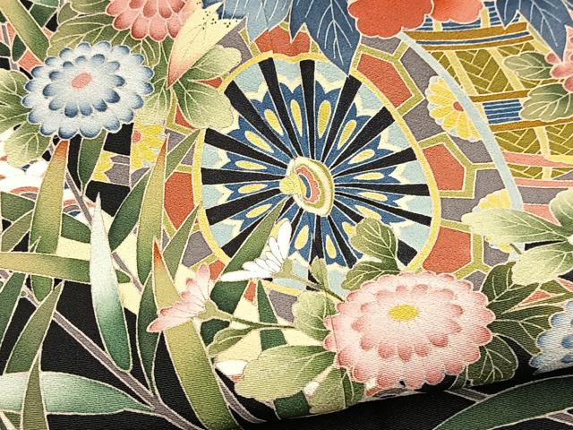 平和屋着物●豪華黒留袖　友禅　作家物　花車文　正絹　逸品　BAAY9126yc