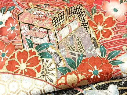 平和屋着物■豪華振袖　駒刺繍　立波御所車花文　暈し染め　金銀彩　正絹　逸品　BAAY9176yc