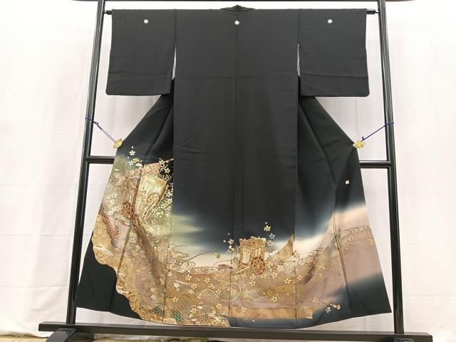 平和屋着物■豪華黒留袖　作家物　御所車流水花文　暈し染め　金銀彩　正絹　逸品　BAAY9221yc