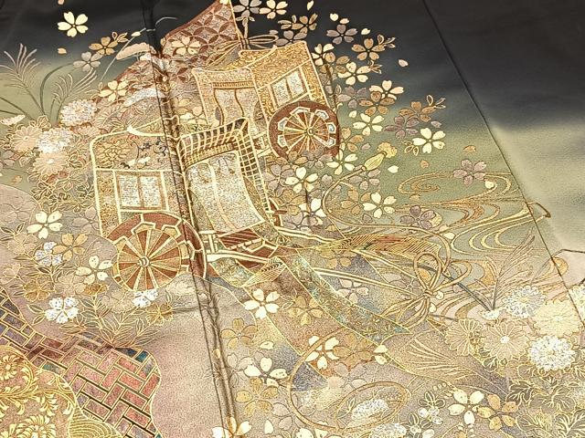 平和屋着物■豪華黒留袖　作家物　御所車流水花文　暈し染め　金銀彩　正絹　逸品　BAAY9221yc