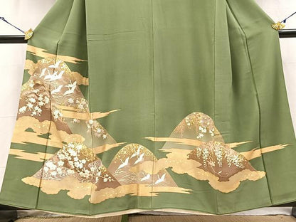 平和屋着物■豪華色留袖　刺繍　飛鶴風景文　金彩　銀糸　正絹　逸品　BAAY9231yc