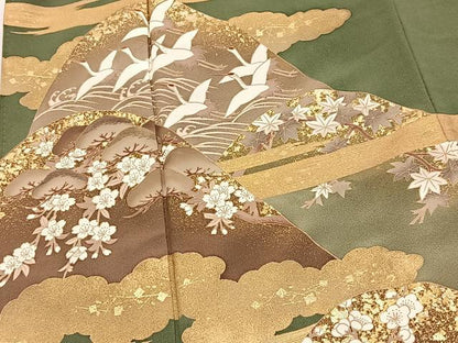 平和屋着物■豪華色留袖　刺繍　飛鶴風景文　金彩　銀糸　正絹　逸品　BAAY9231yc
