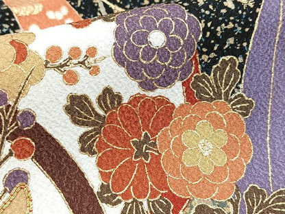 平和屋着物●豪華振袖　駒刺繍　花蝶文　暈し染め　黒地　金彩　正絹　逸品　BAAY9269yc