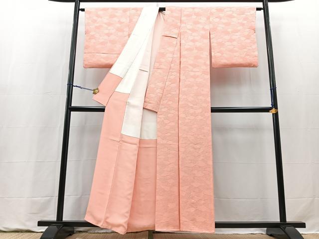 平和屋着物■上質な色無地　石畳地紋　珊瑚色　正絹　逸品　BAAY9285yc