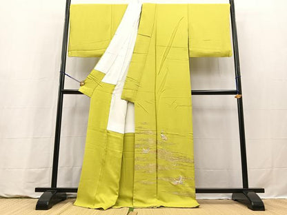 平和屋着物●訪問着　刺繍　飛鶴流水文　金銀糸　若草色　ロング丈　正絹　逸品　BAAY9314yc