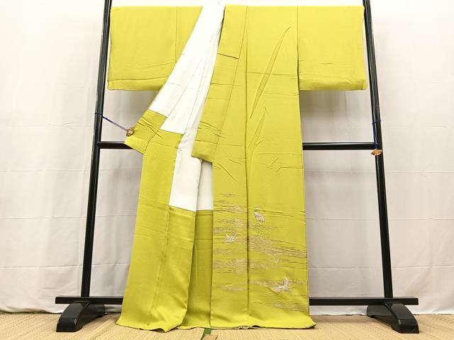 平和屋着物●訪問着　刺繍　飛鶴流水文　金銀糸　若草色　ロング丈　正絹　逸品　BAAY9314yc