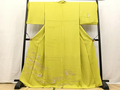 平和屋着物●訪問着　刺繍　飛鶴流水文　金銀糸　若草色　ロング丈　正絹　逸品　BAAY9314yc