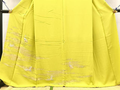 平和屋着物●訪問着　刺繍　飛鶴流水文　金銀糸　若草色　ロング丈　正絹　逸品　BAAY9314yc