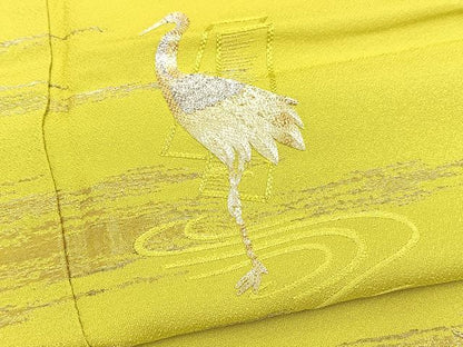 平和屋着物●訪問着　刺繍　飛鶴流水文　金銀糸　若草色　ロング丈　正絹　逸品　BAAY9314yc