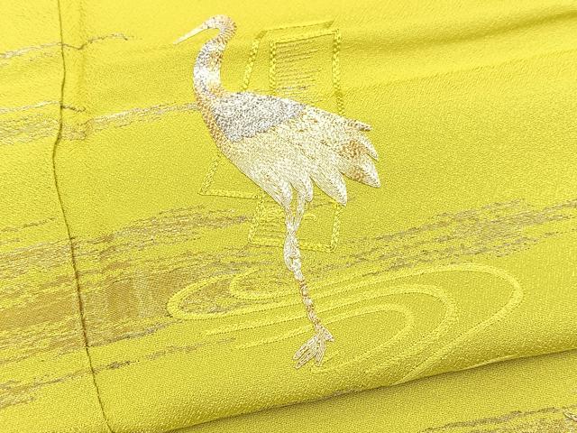 平和屋着物●訪問着　刺繍　飛鶴流水文　金銀糸　若草色　ロング丈　正絹　逸品　BAAY9314yc