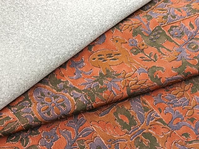平和屋着物●上質な小紋　肩身替わり　動物更紗花文　正絹　逸品　未使用　BAAY9402yc