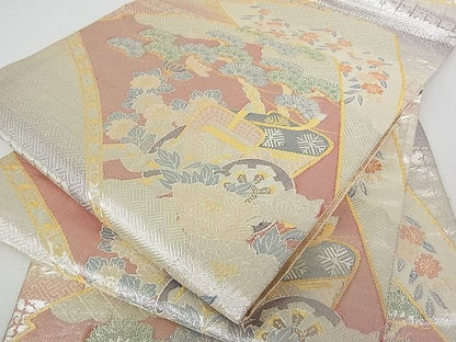 平和屋着物■本佐賀錦 六通柄袋帯 扇御所車紋 金銀糸 逸品 bc0702