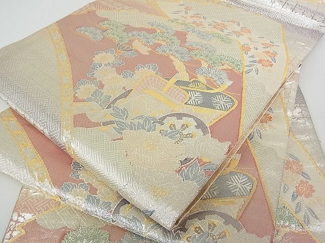 平和屋着物■本佐賀錦 六通柄袋帯 扇御所車紋 金銀糸 逸品 bc0702