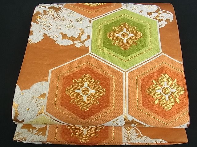 平和屋着物■六通柄袋帯 亀甲花文 金糸 逸品 by0416