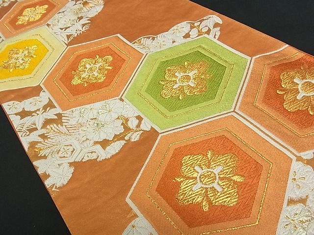 平和屋着物■六通柄袋帯 亀甲花文 金糸 逸品 by0416