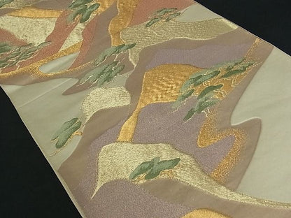 平和屋着物■六通柄袋帯 風景松文 金糸 逸品 by0418