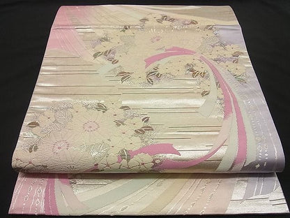 平和屋着物■六通柄袋帯 束ね熨斗草花文 銀糸 逸品 n-by2258