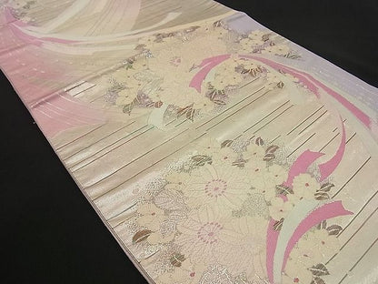 平和屋着物■六通柄袋帯 束ね熨斗草花文 銀糸 逸品 n-by2258