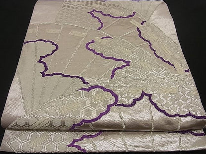 平和屋着物■六通柄袋帯 雲取り檜扇文 銀糸 逸品 n-by2277