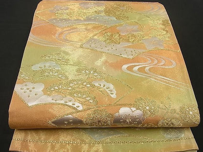 平和屋着物■六通柄袋帯 流水地紙松梅文 金銀糸 逸品 n-by2335