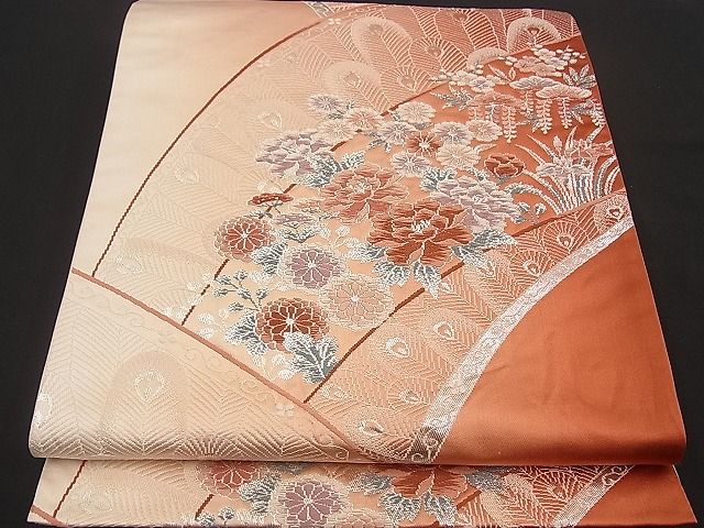 平和屋着物■六通柄袋帯 唐織 地紙孔雀花文 銀糸 逸品 n-by2880
