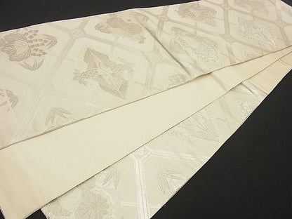 平和屋着物■六通柄袋帯 向かい鶴蜀江文 銀糸 逸品 n-by2891