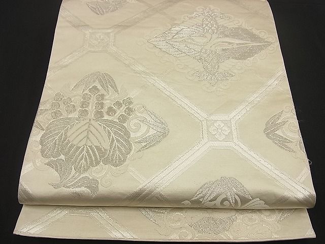 平和屋着物■六通柄袋帯 向かい鶴蜀江文 銀糸 逸品 n-by2891
