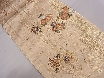平和屋着物■六通柄袋帯 扇面草花文 金糸 逸品 ca4313