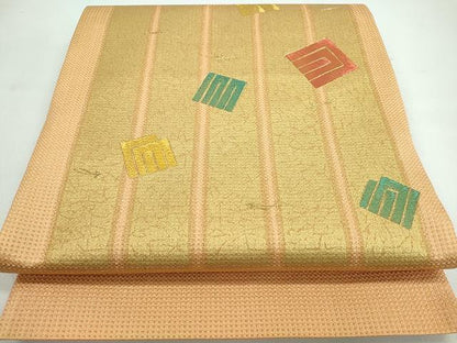 平和屋着物◎六通太鼓柄袋帯 刺繍 市松吉祥文 金通し地 逸品 CAAI0767yk
