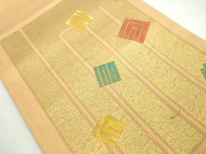 平和屋着物◎六通太鼓柄袋帯 刺繍 市松吉祥文 金通し地 逸品 CAAI0767yk