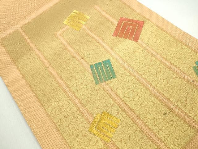 平和屋着物◎六通太鼓柄袋帯 刺繍 市松吉祥文 金通し地 逸品 CAAI0767yk