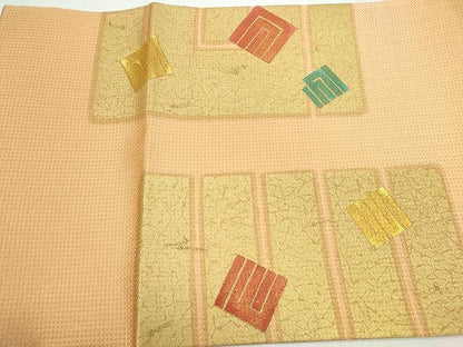 平和屋着物◎六通太鼓柄袋帯 刺繍 市松吉祥文 金通し地 逸品 CAAI0767yk