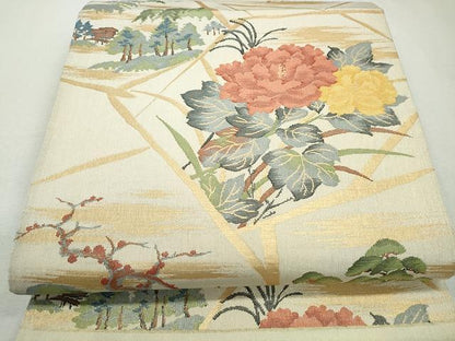 平和屋着物◎六通柄袋帯　風景枝花文　金糸　正絹　逸品　CAAI0799yk