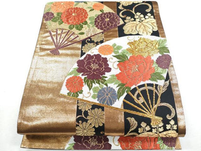平和屋着物●銀杏屋美術工芸織物 六通柄袋帯 唐織 扇面花間道 金糸 正絹 逸品 CAAI3099fb