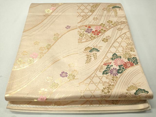 平和屋着物◎六通柄袋帯 流水草花文 金糸 正絹 逸品 CAAI3952ku