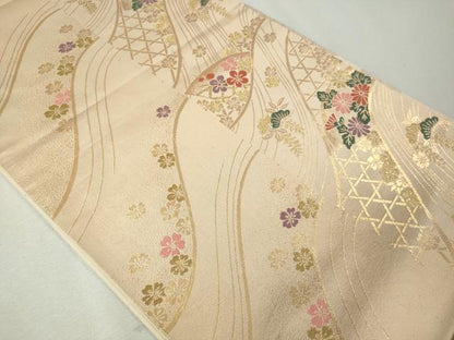 平和屋着物◎六通柄袋帯 流水草花文 金糸 正絹 逸品 CAAI3952ku