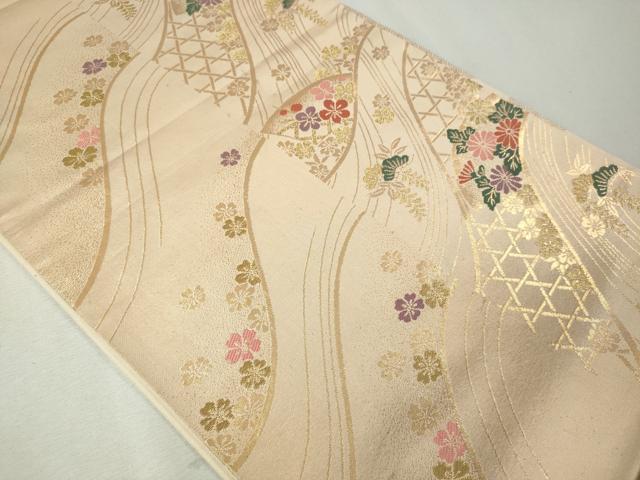 平和屋着物◎六通柄袋帯 流水草花文 金糸 正絹 逸品 CAAI3952ku