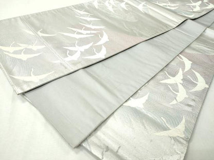 平和屋着物◎六通柄袋帯 流水飛鶴文 銀糸 正絹 逸品 CAAI3956ku
