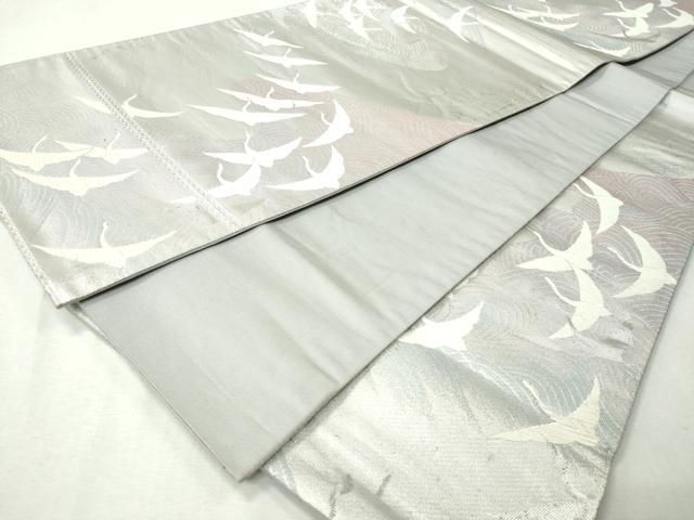 平和屋着物◎六通柄袋帯 流水飛鶴文 銀糸 正絹 逸品 CAAI3956ku