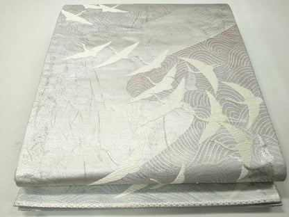 平和屋着物◎六通柄袋帯 流水飛鶴文 銀糸 正絹 逸品 CAAI3956ku