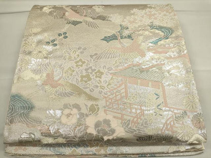 平和屋着物◎六通柄袋帯 飛鶴風景草花文 銀糸 正絹 逸品 CAAI6166ou