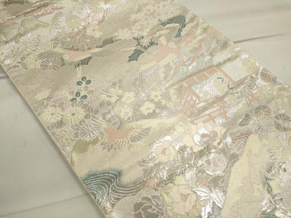 平和屋着物◎六通柄袋帯 飛鶴風景草花文 銀糸 正絹 逸品 CAAI6166ou