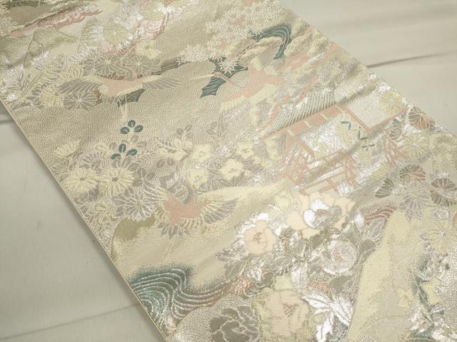 平和屋着物◎六通柄袋帯 飛鶴風景草花文 銀糸 正絹 逸品 CAAI6166ou