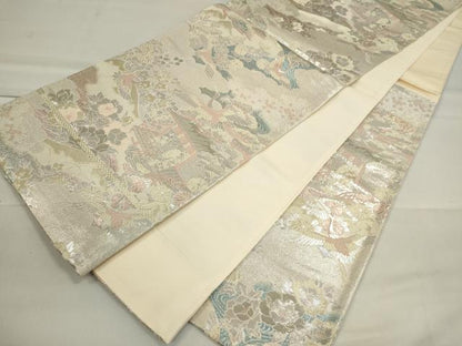平和屋着物◎六通柄袋帯 飛鶴風景草花文 銀糸 正絹 逸品 CAAI6166ou