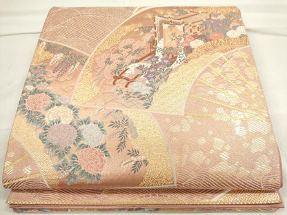 平和屋着物◎六通柄袋帯 扇面御所車草花文 金糸 正絹 逸品 CAAI6186ou