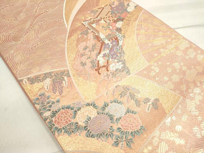 平和屋着物◎六通柄袋帯 扇面御所車草花文 金糸 正絹 逸品 CAAI6186ou